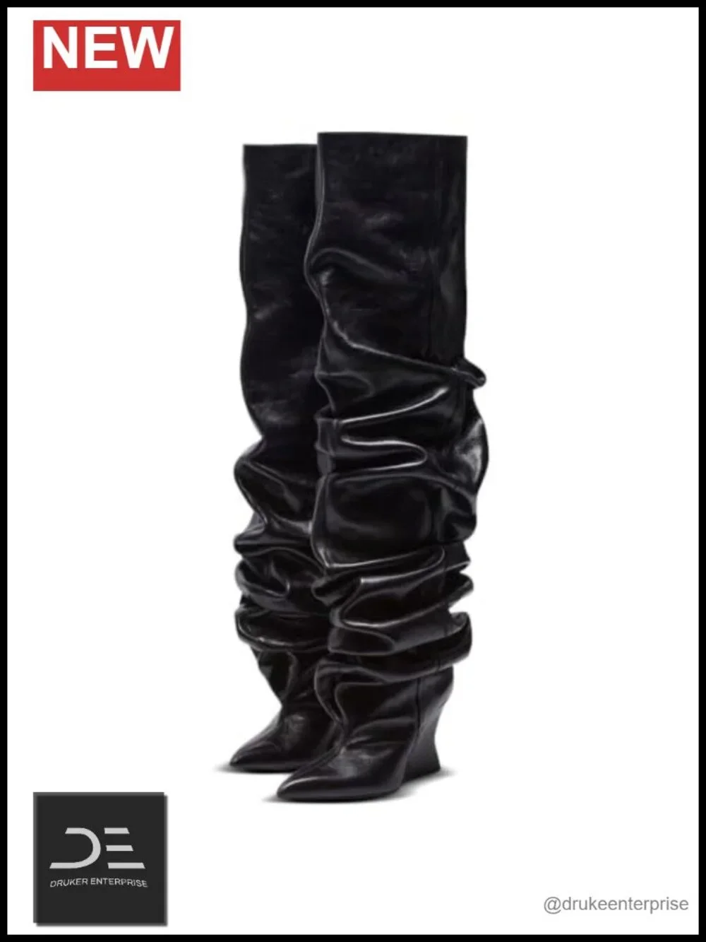 Over the Knee Boots Wedge Heel Wide Calf Ruched Slouchy Pull On Pointed Toe